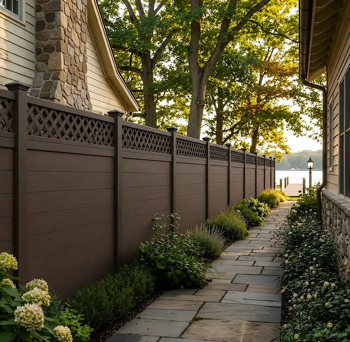 Narrow stone path beside a brown fence and house, lined with green shrubs and trees near water