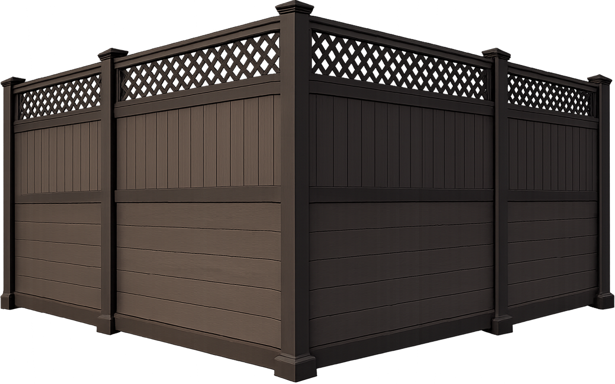 Brown privacy fence with lattice top panels and dark posts, shown in a corner section