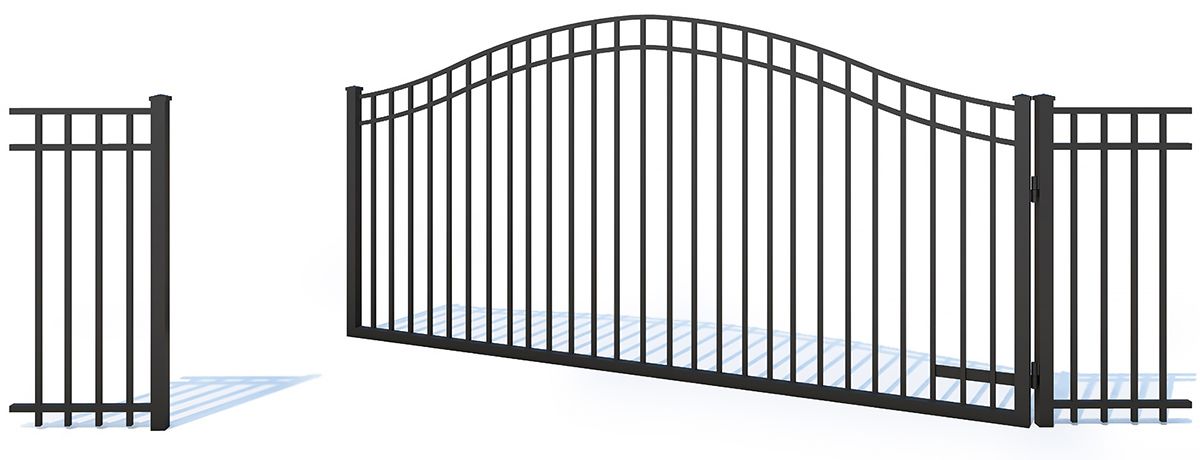Two black wrought-iron gates, one closed and one open, on a white background.