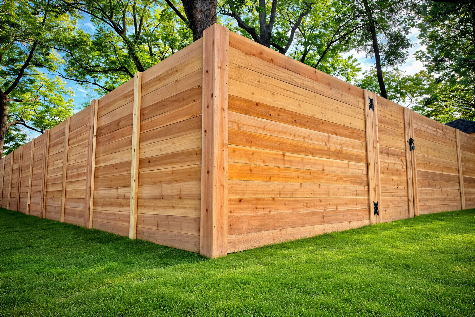 Tall wooden privacy fence enclosing a grassy yard with trees overhead