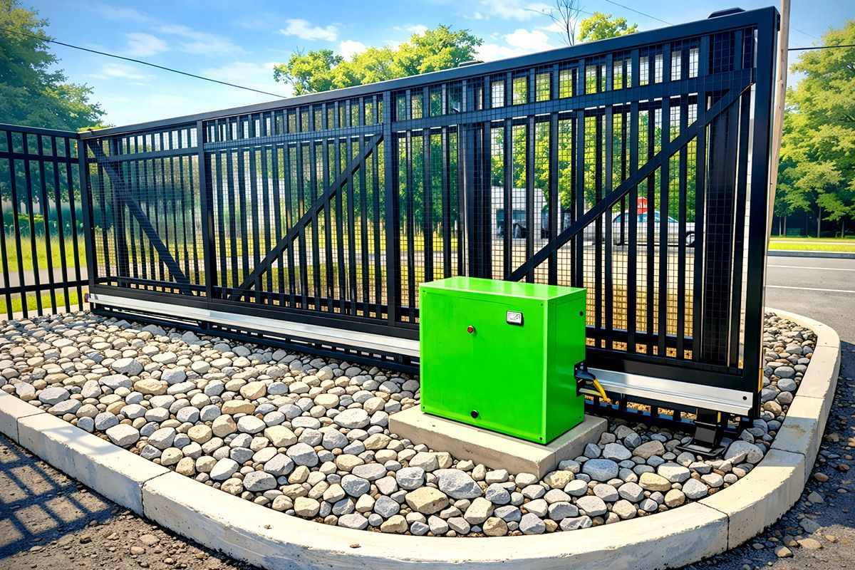 Black metal sliding gate with bright green control box on a gravel curb by the road