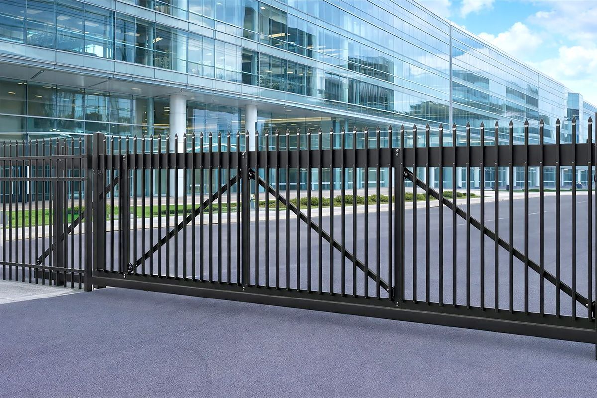 Black metal security gate in front of a modern glass office building