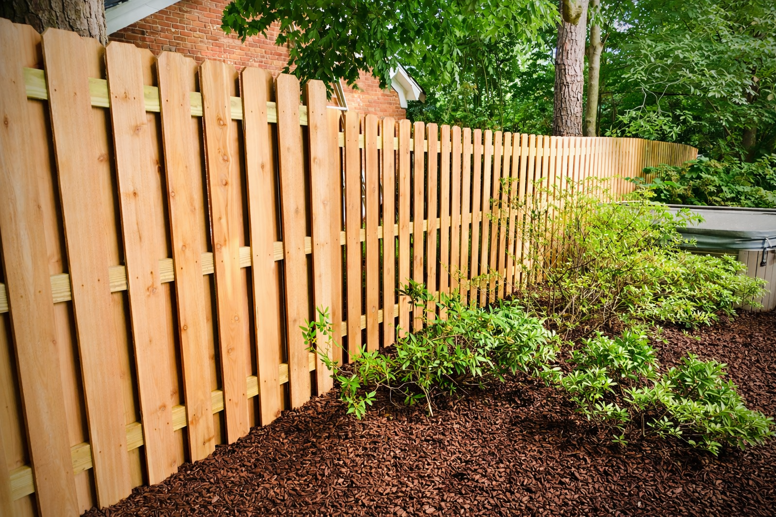 Wooden picket fence along a mulched garden bed beside a sidewalk, with green shrubs and trees behind it
