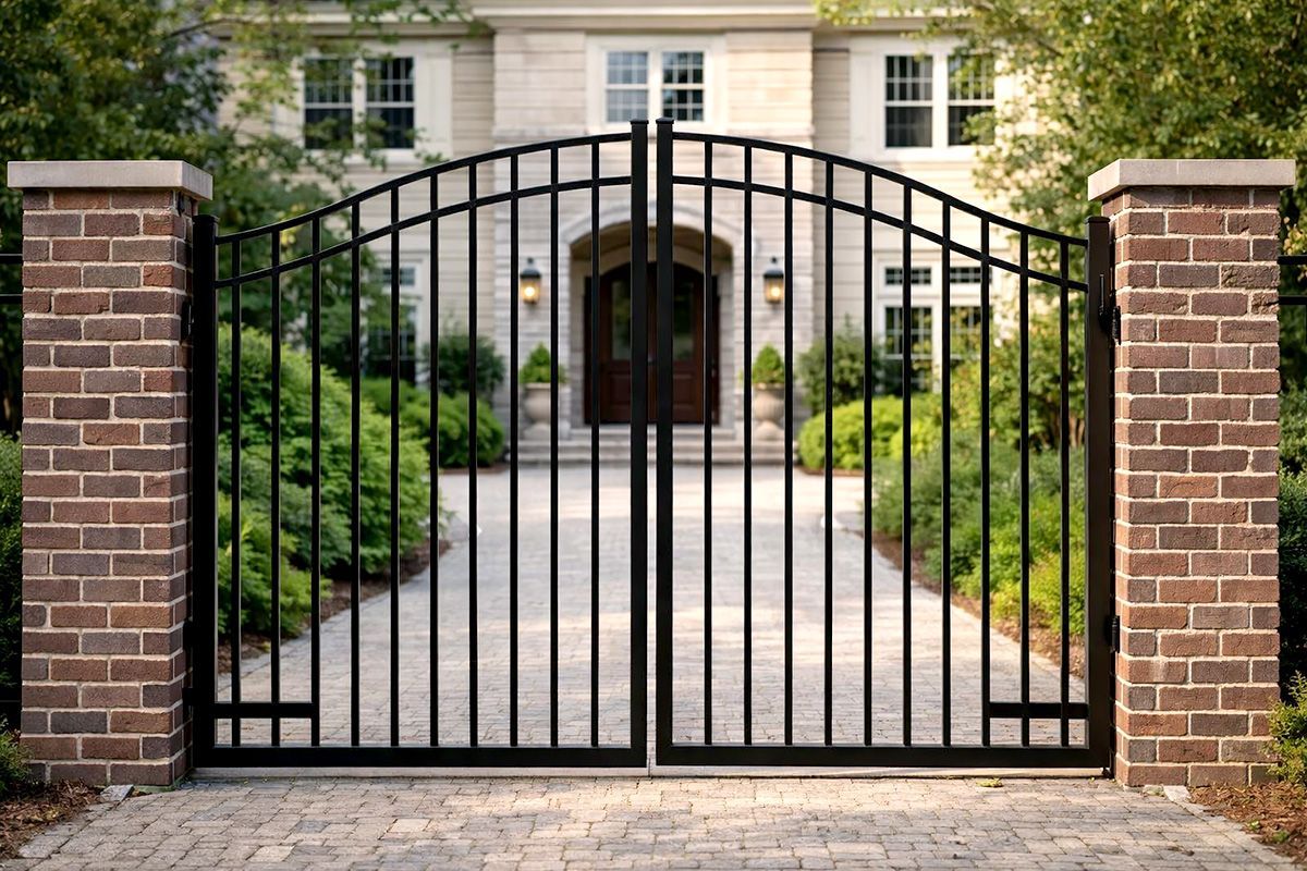 Black wrought-iron gate between brick pillars in front of a large house with a stone walkway