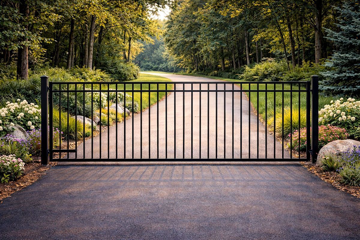 Black metal gate across a tree-lined driveway with blooming shrubs and a paved road beyond