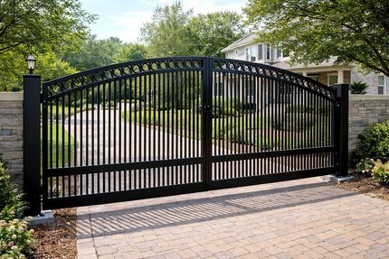 Black arched metal driveway gate with stone pillars at a suburban home entrance