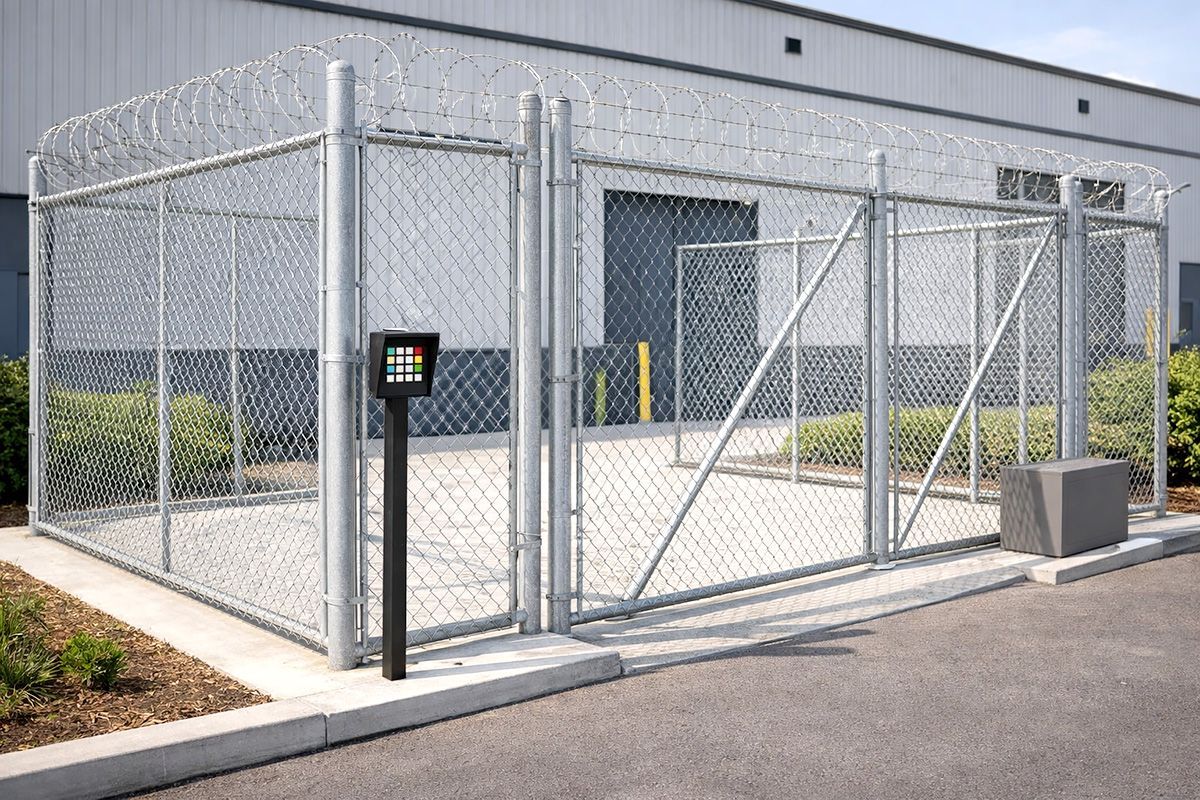 Chain-link security gate with keypad at the entrance to an industrial lot
