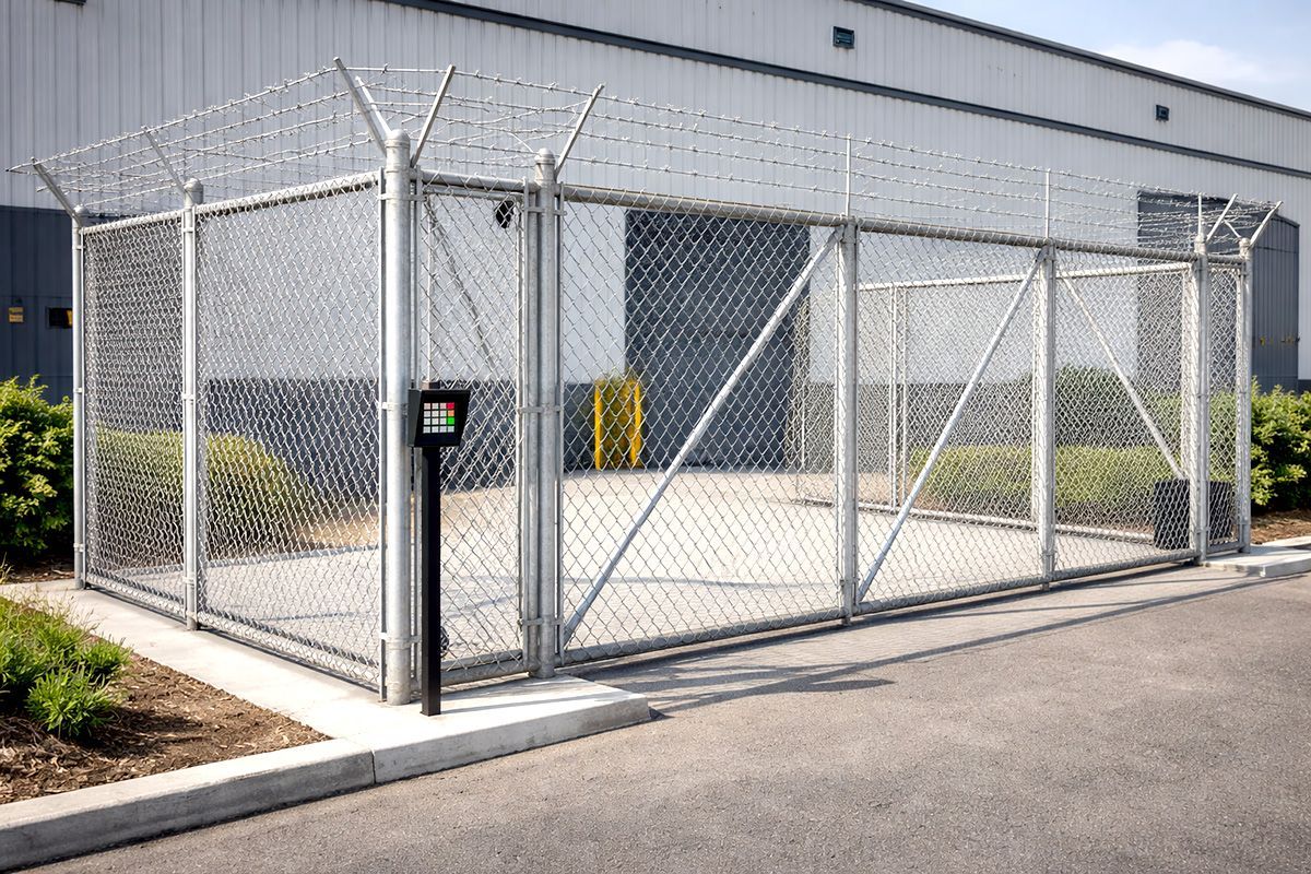 Chain-link security gate at a fenced industrial building entrance with barbed wire