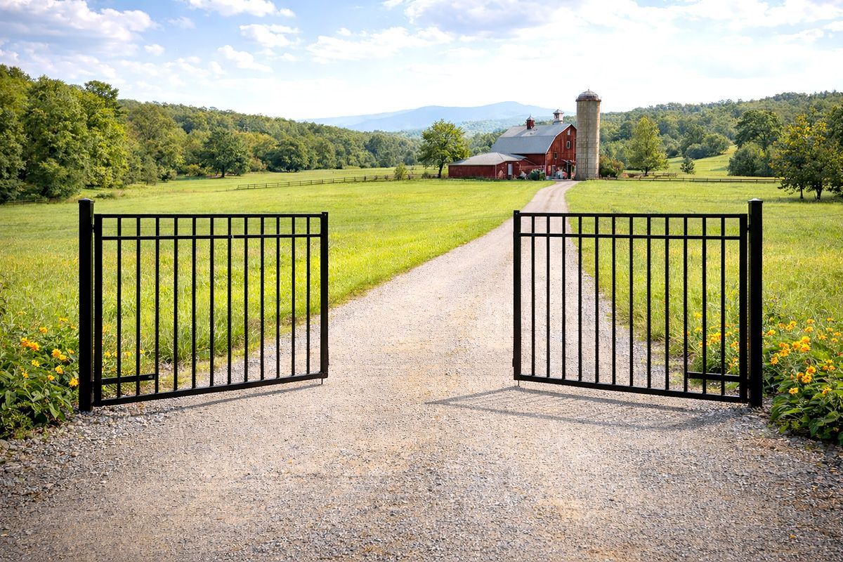 Open black gate on a gravel driveway leading to a red barn and silo in a green rural field