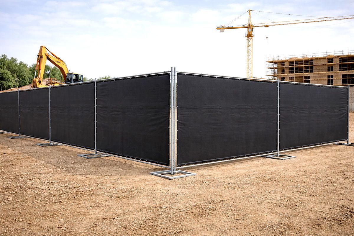 Black construction fence around a site with an excavator and crane in the background