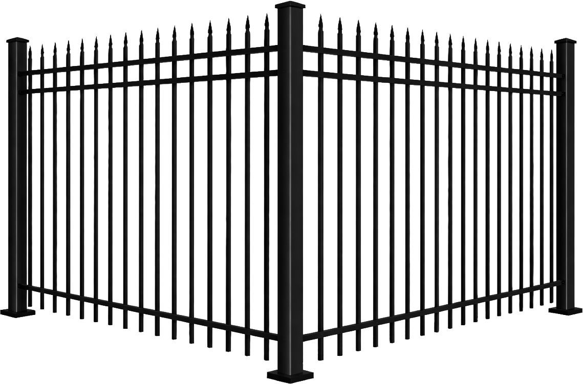 Black metal corner fence with vertical bars and pointed tops