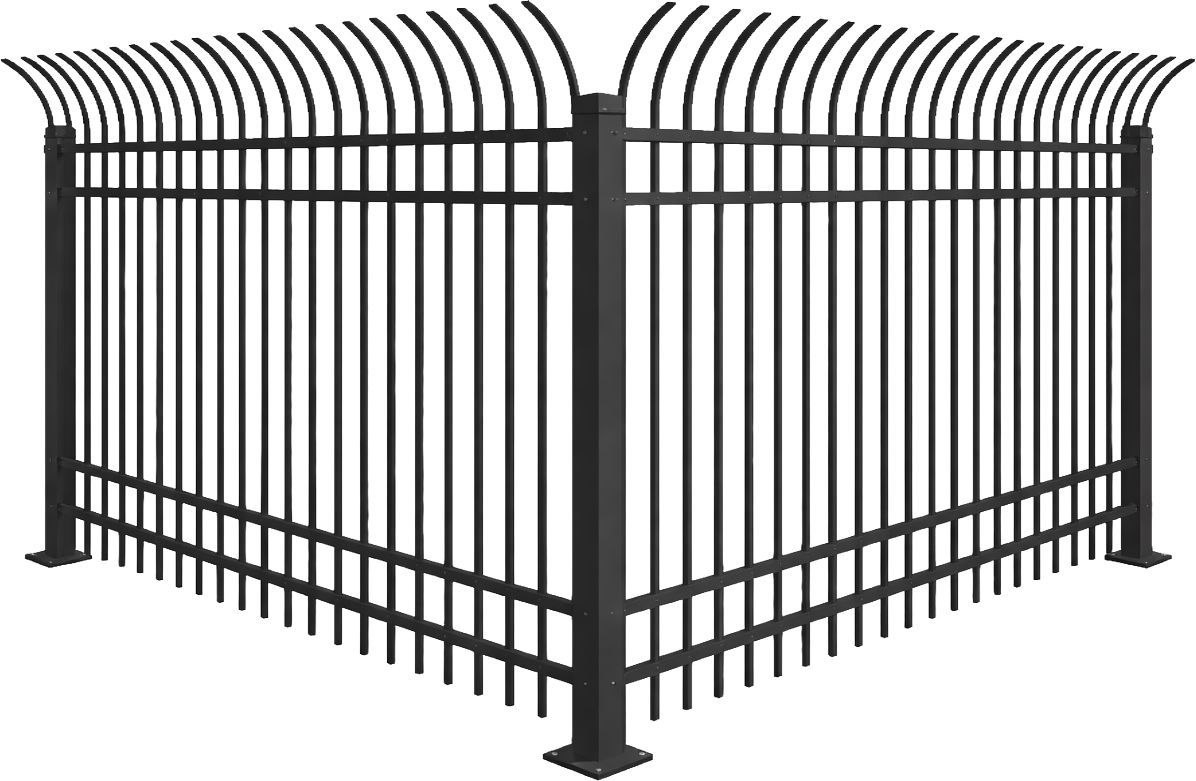 Black wrought-iron fence with pointed arches and vertical bars forming a corner section