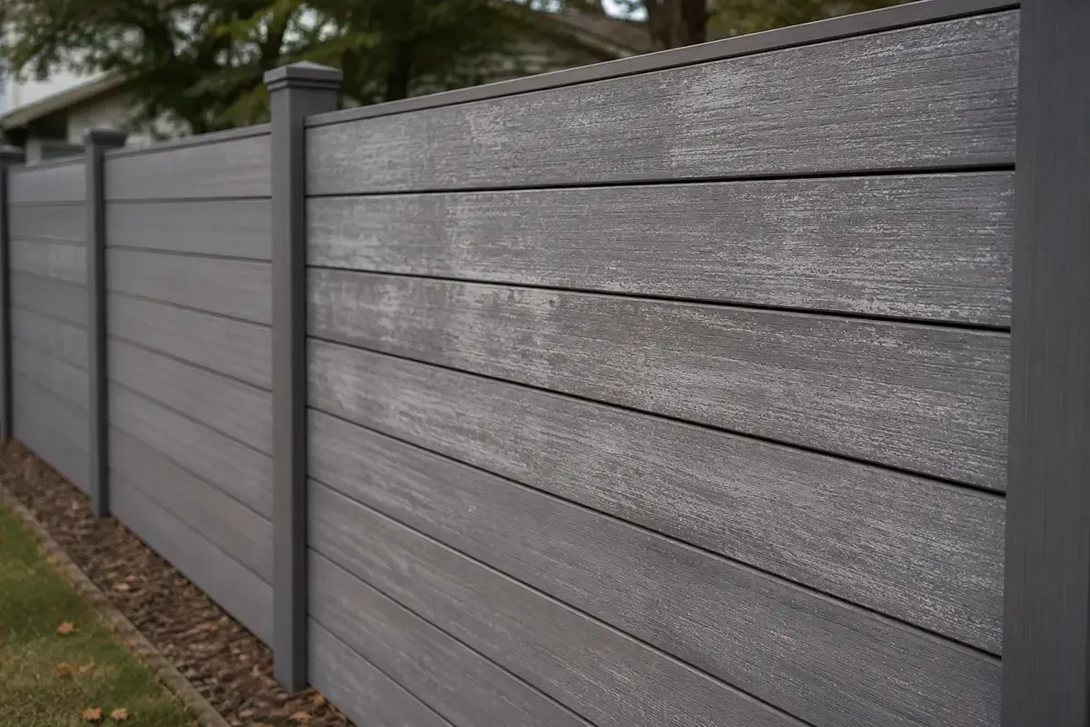 Gray wooden privacy fence running along a sidewalk with trees in the background