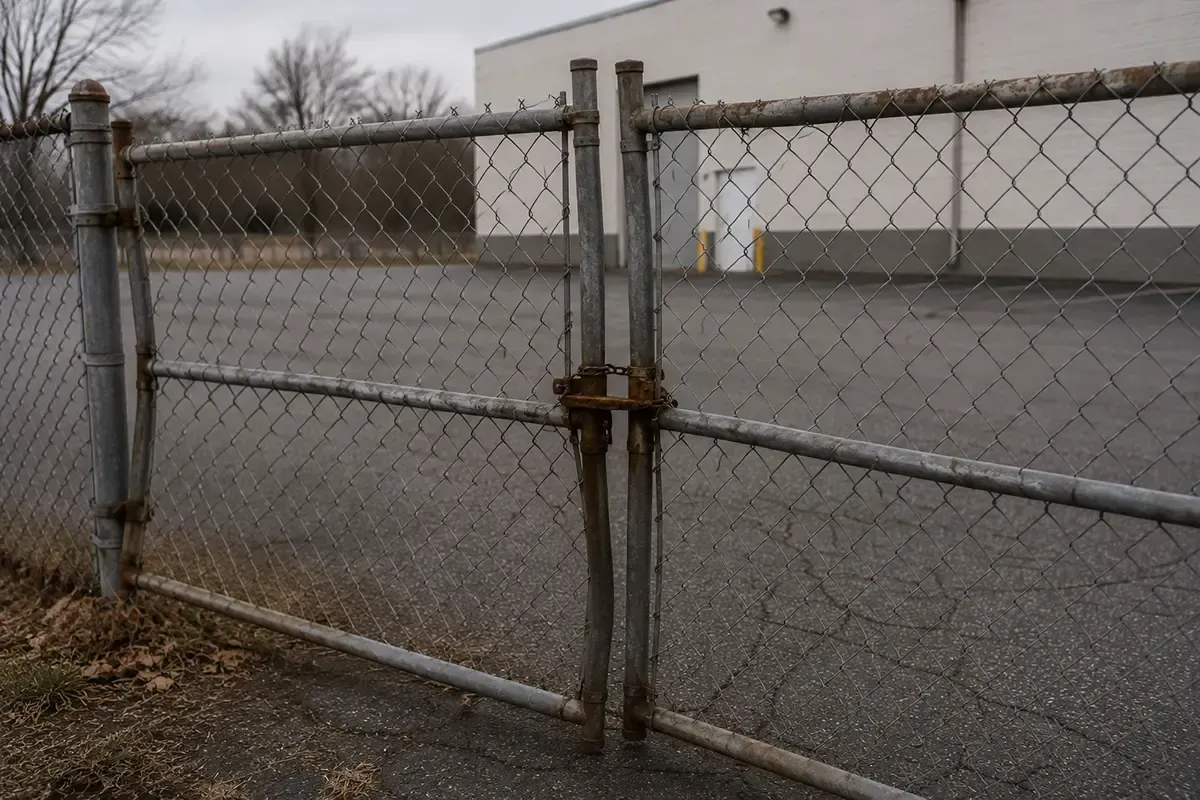 Chain-link gate with rusted latch beside an empty paved lot and gray industrial building