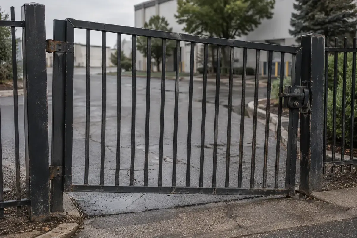 Black metal gate blocking a wet driveway on a cloudy day