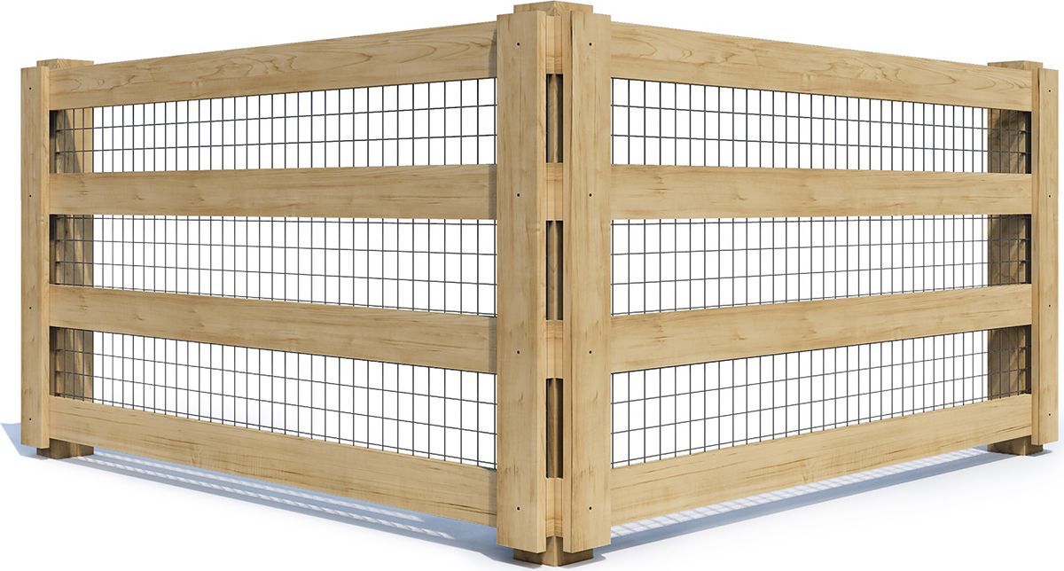 Wooden livestock fence panels with wire mesh, forming a sturdy corner enclosure