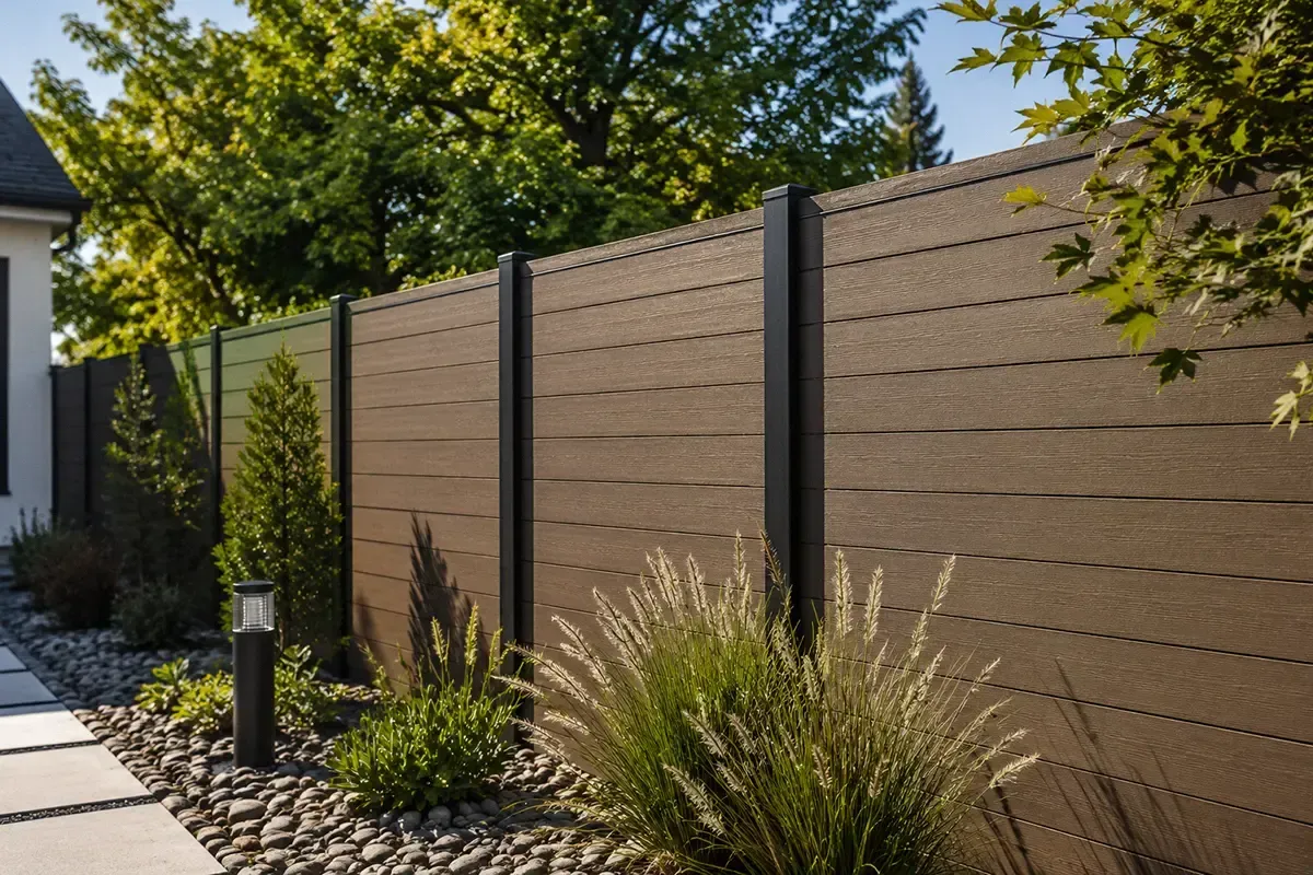 Modern privacy fence with black posts, landscaped shrubs, and a sunlit walkway beside a house