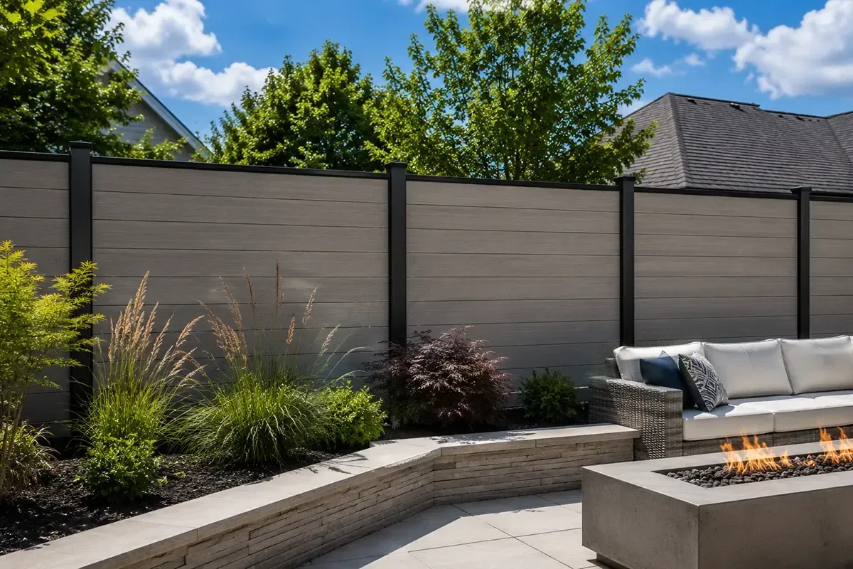 Modern backyard patio with fire pit, cushioned sofa, ornamental grasses, and a tall privacy fence under blue sky