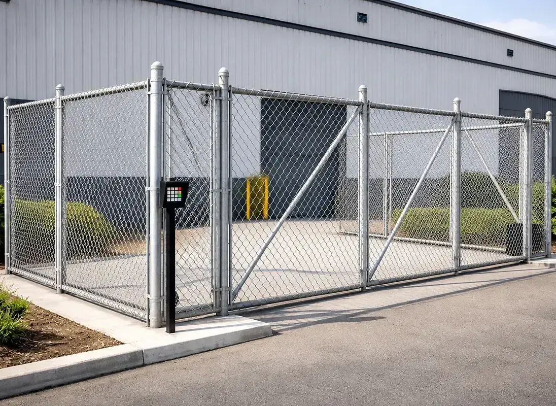 Chain-link security fence with a black gate enclosing a warehouse loading area
