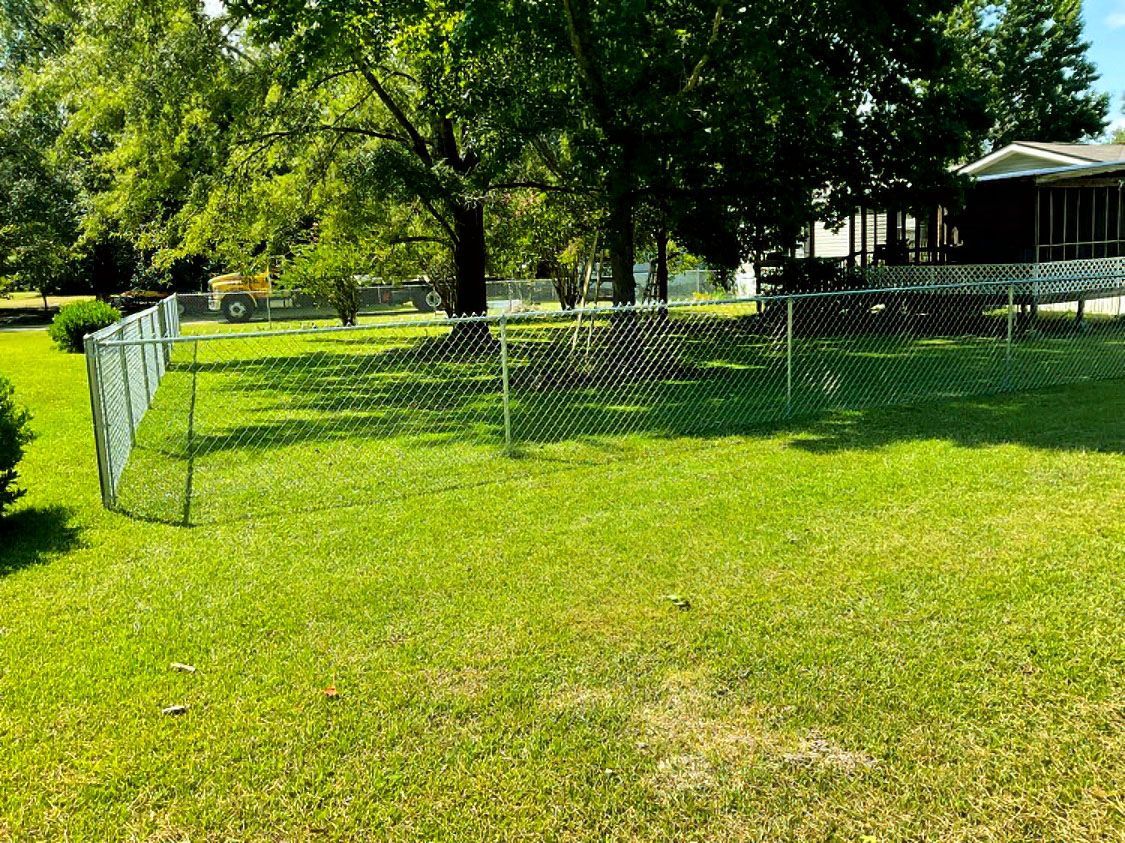 Chain-link fence enclosing a grassy yard with large trees and a house in the background