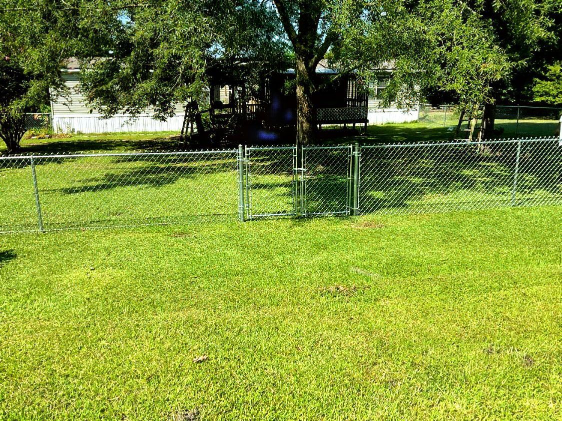 Chain-link fence around a grassy yard with trees and a house in the background.