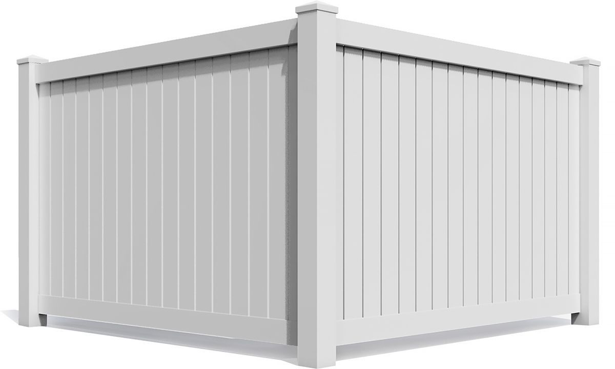 White vinyl privacy fence corner panel with square posts and vertical slats