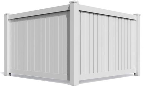 White vertical-slatted metal fence panels with corner posts, shown in a simple 3D render