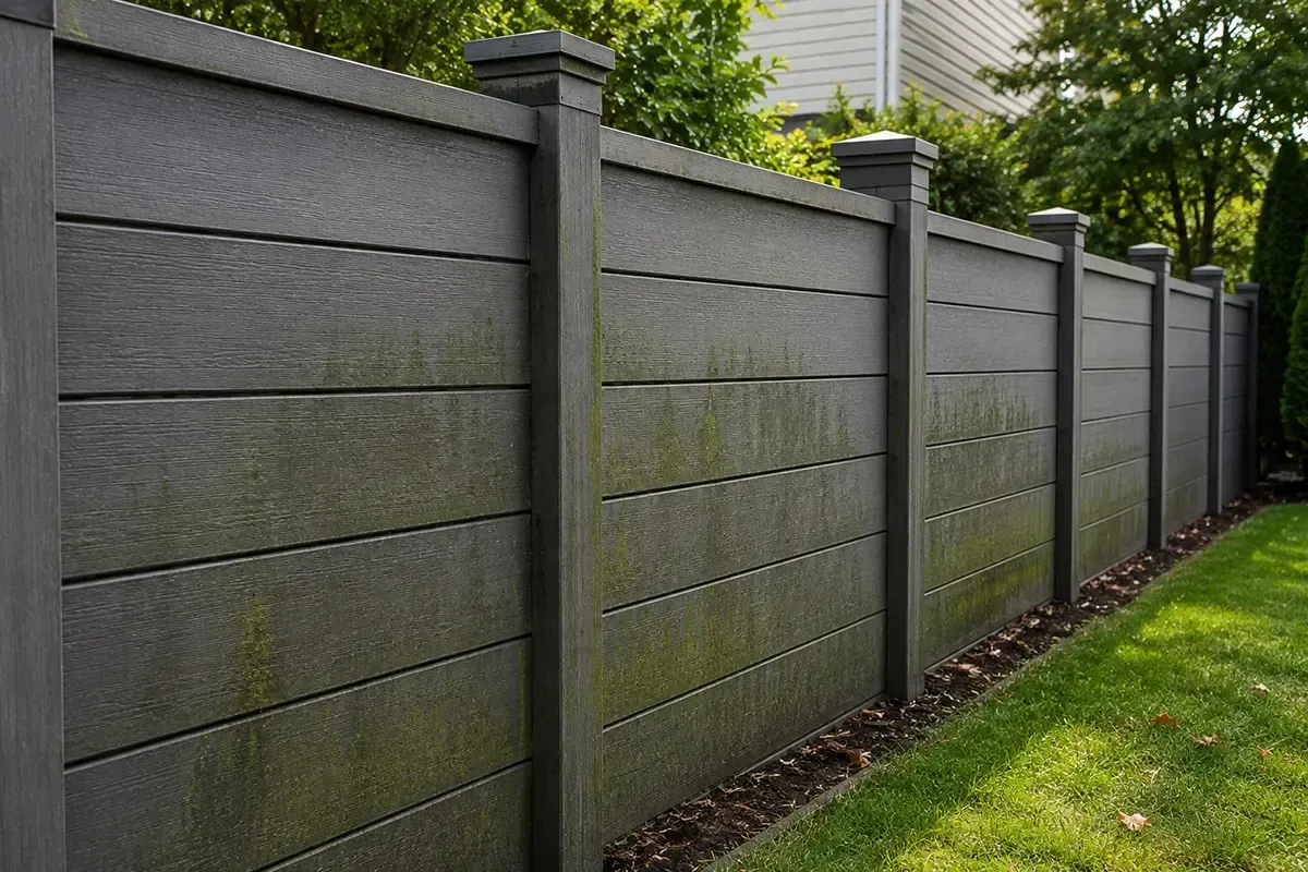 Gray wooden fence along a grassy yard beside a house and trees