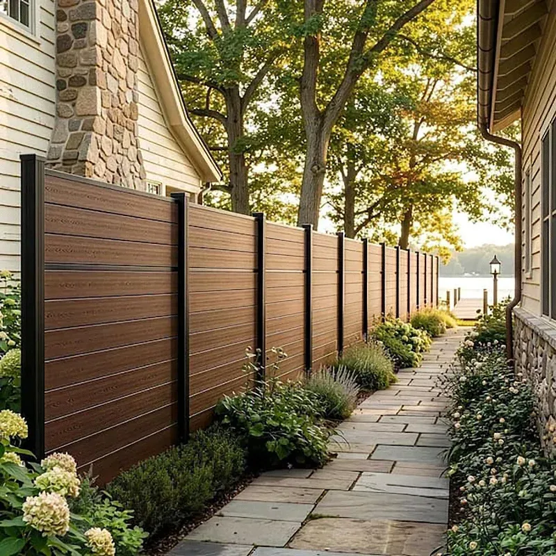 Narrow stone walkway beside a brown wooden fence between houses, lined with shrubs and trees.