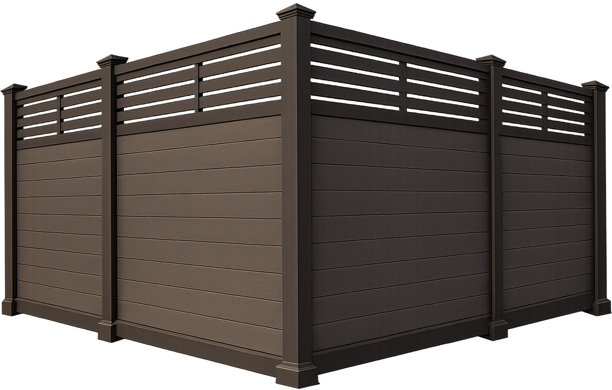 Brown outdoor privacy fence panels with horizontal slats and corner posts