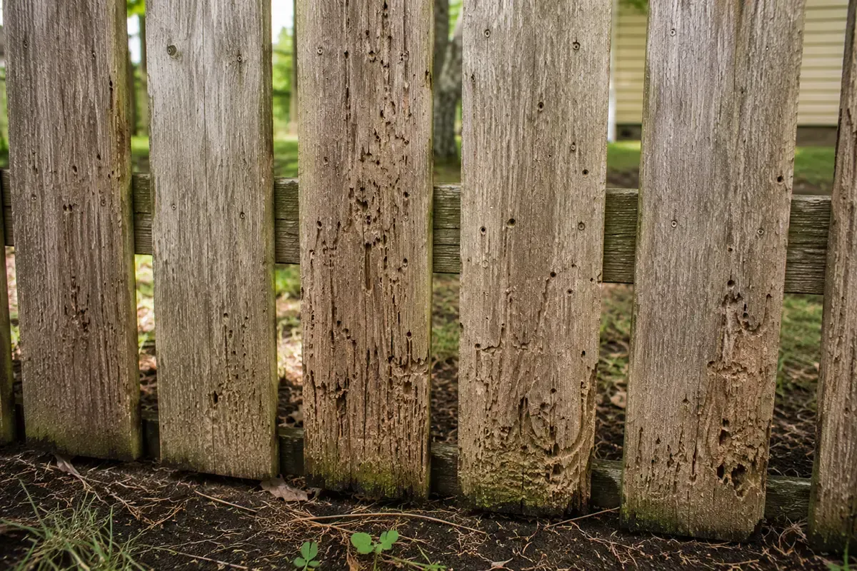 Weathered wooden fence posts with moss and dirt at the base