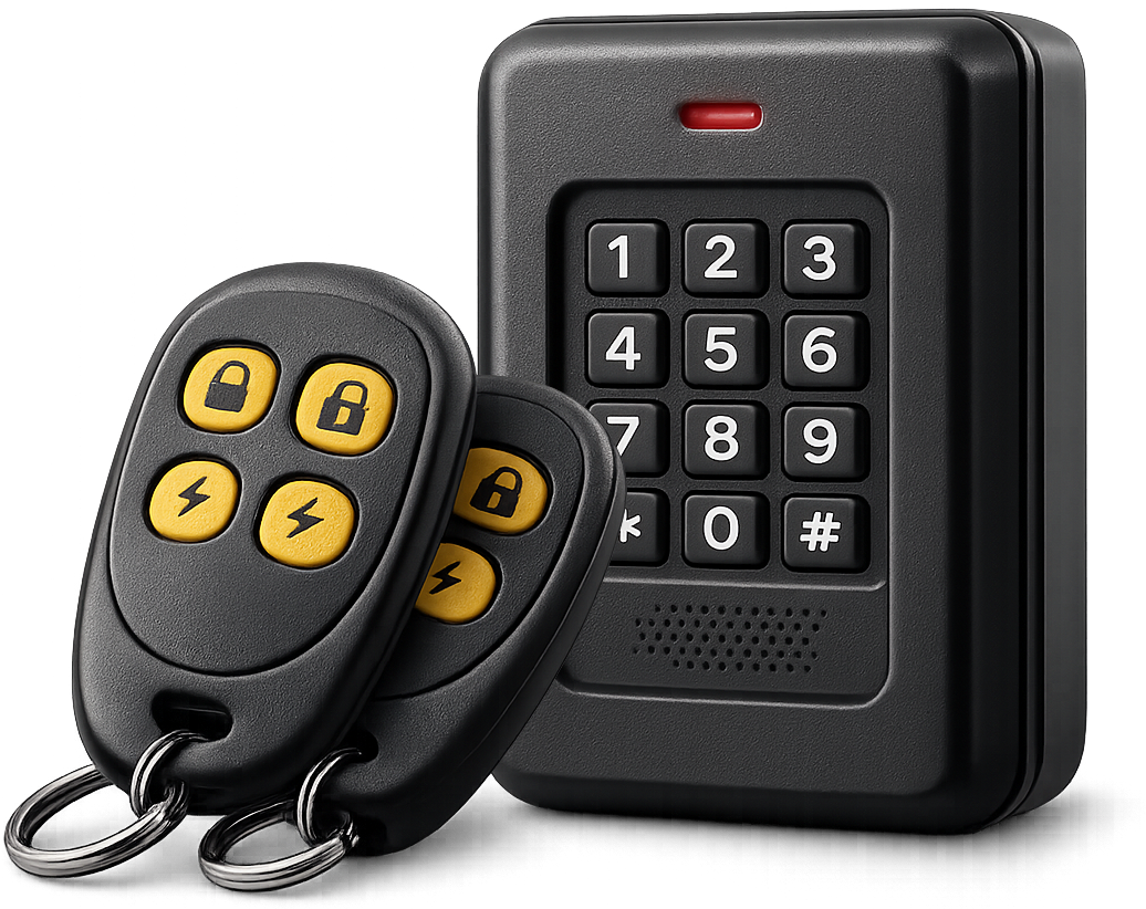 Black keypad security safe with two remote fobs and red indicator light