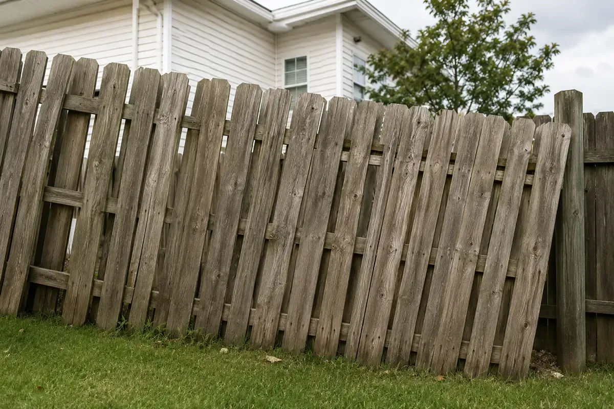 Leaning wooden fence in a grassy yard beside a house under an overcast sky