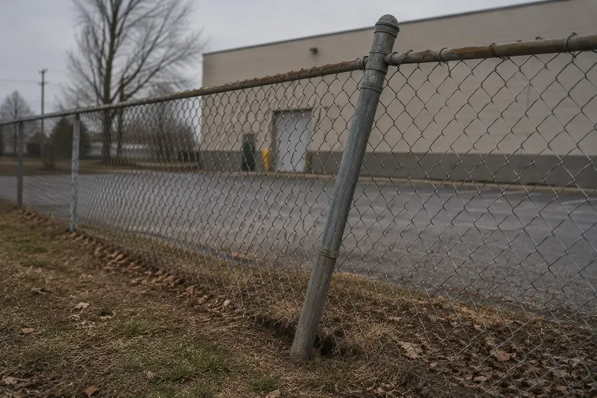 Bent chain-link fence beside a beige industrial building on an overcast day
