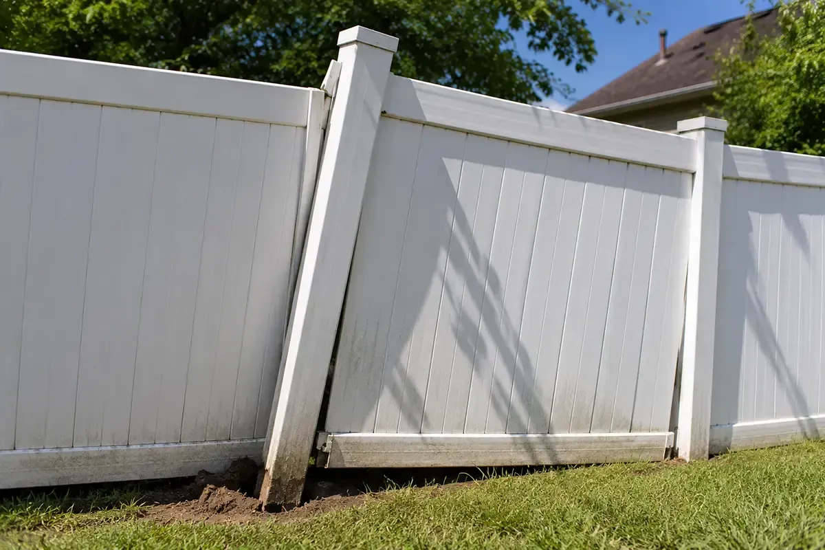 White vinyl fence with a bent, leaning post in a grassy yard under a blue sky