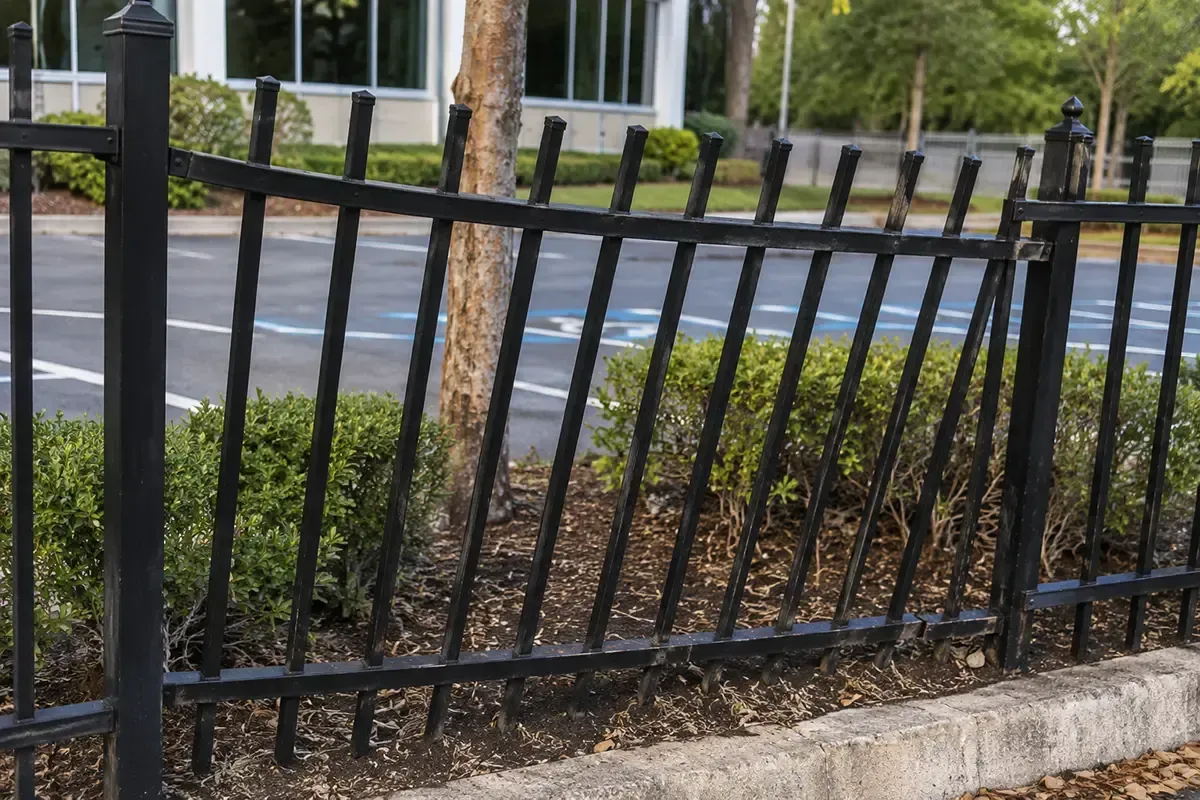 Black metal fence with bent vertical bars along a sidewalk beside a road and hedges