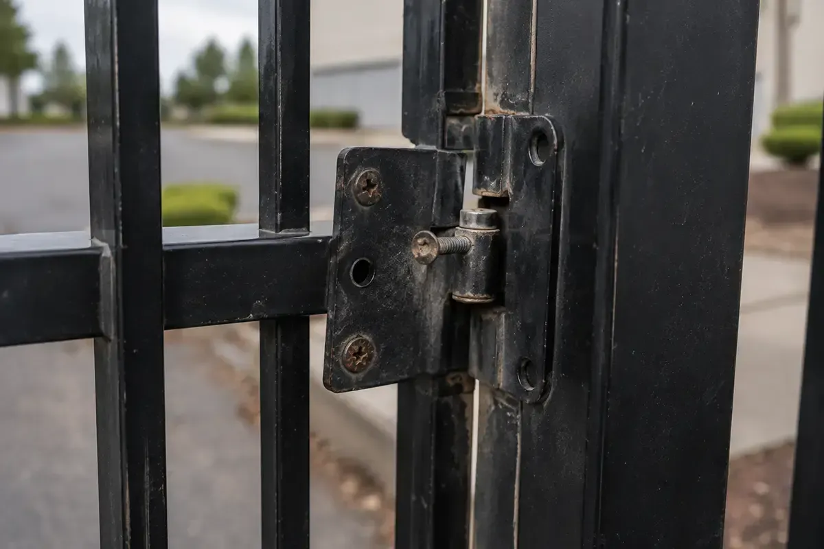 Close-up of a black metal gate hinge with rust and bolts near the latch.