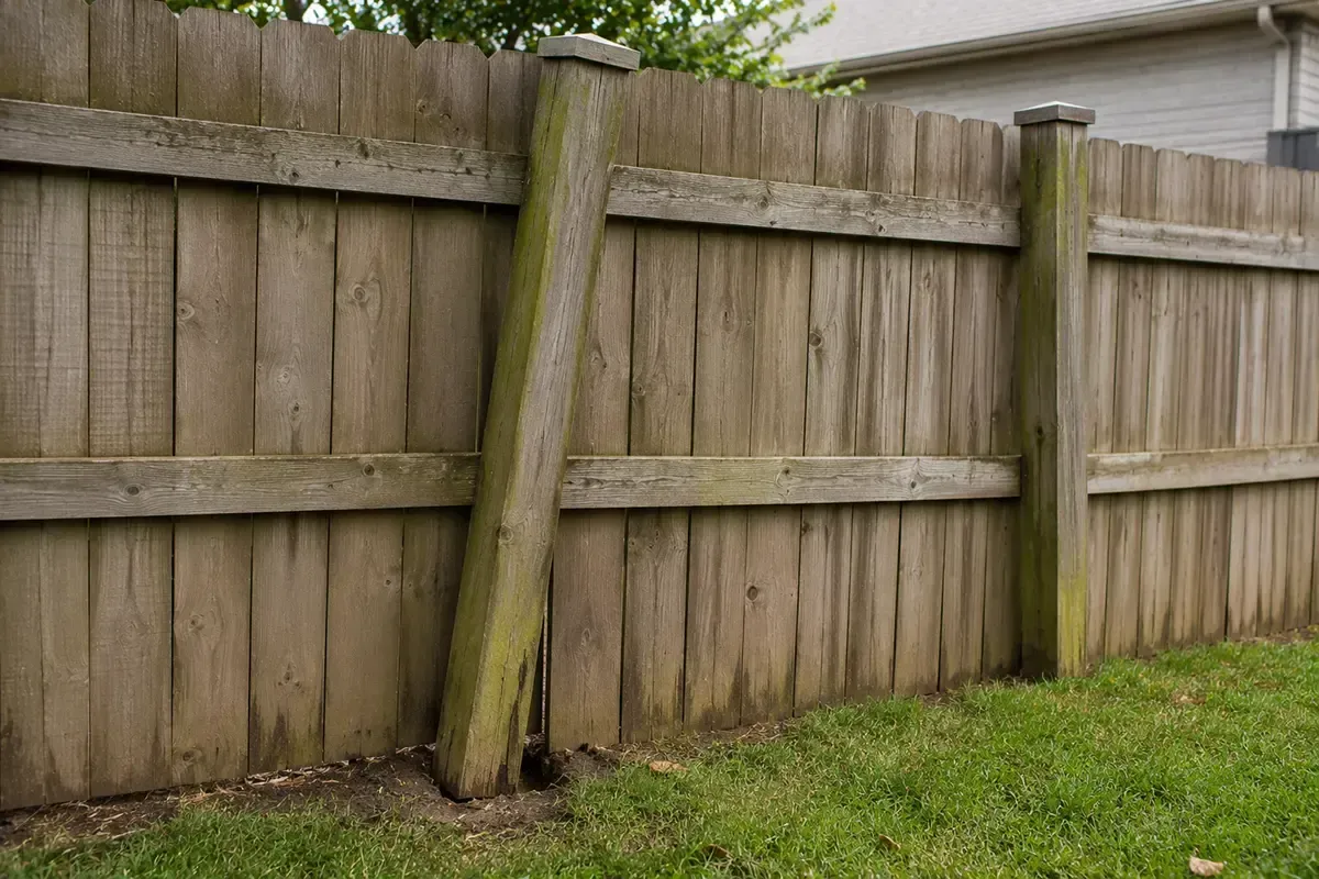 Weathered wooden fence with two leaning posts along a grassy yard