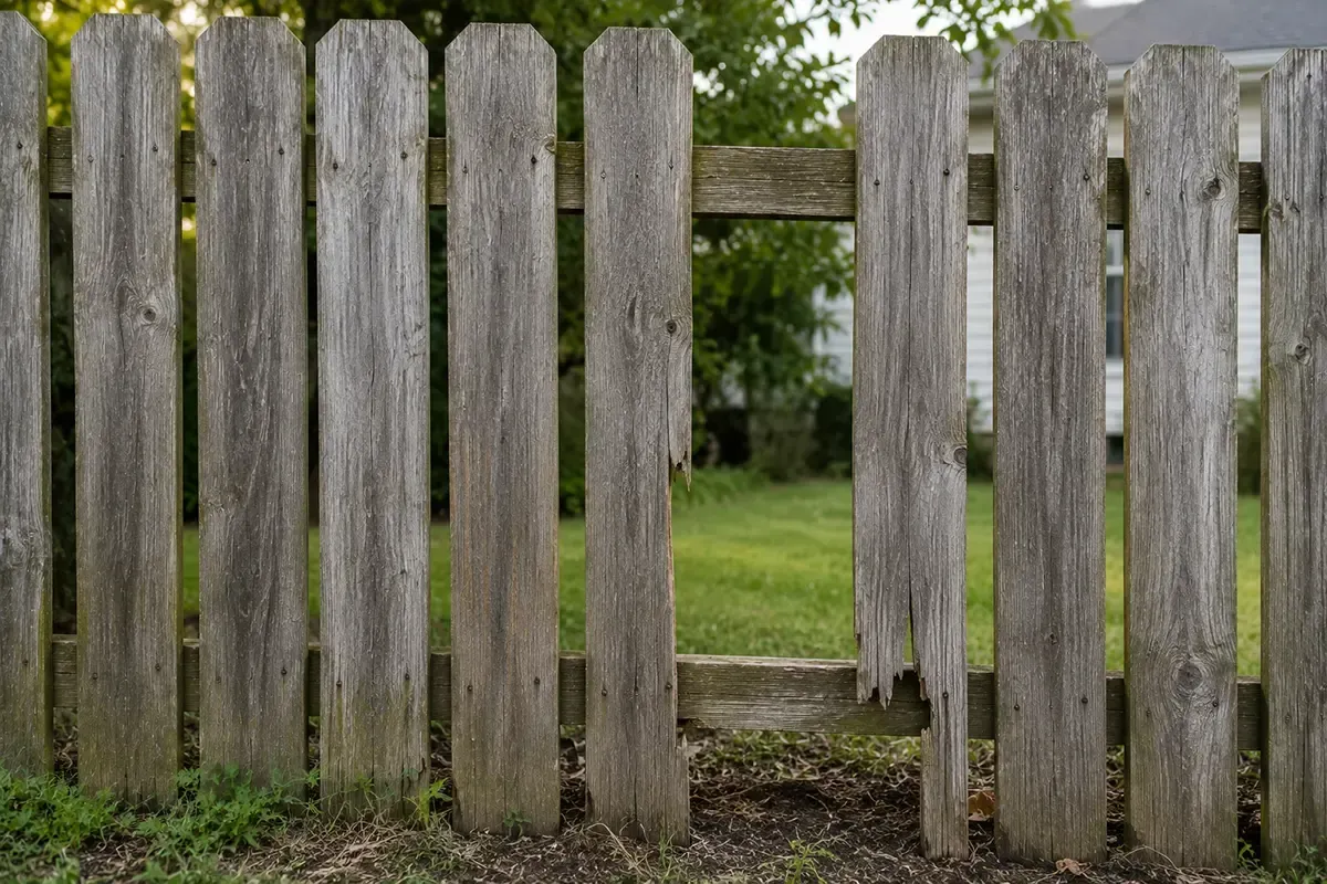 Weathered wooden picket fence with a missing plank, in front of a grassy yard and trees.