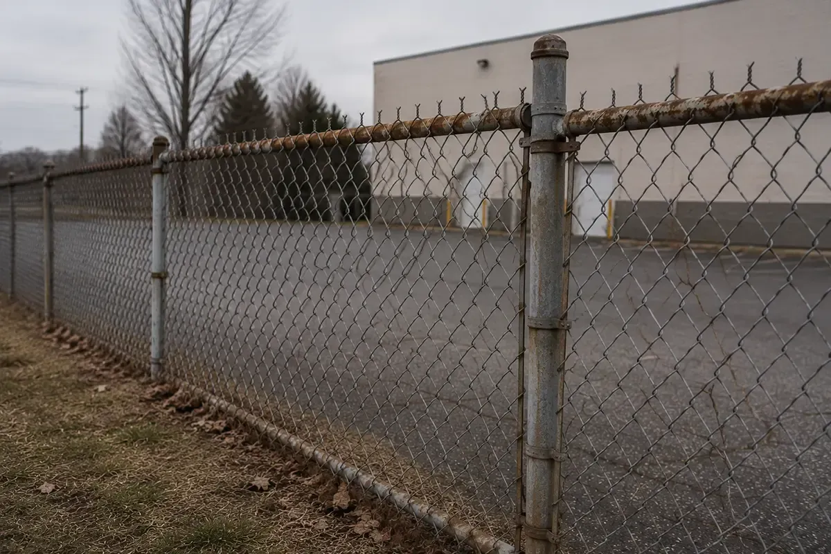 Chain-link fence beside a wet industrial lot with bare trees and gray buildings