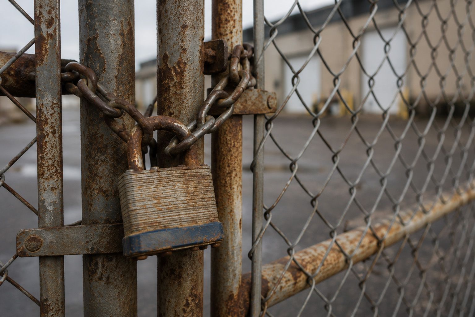 Rusty chain and padlock securing a metal gate by a chain-link fence.