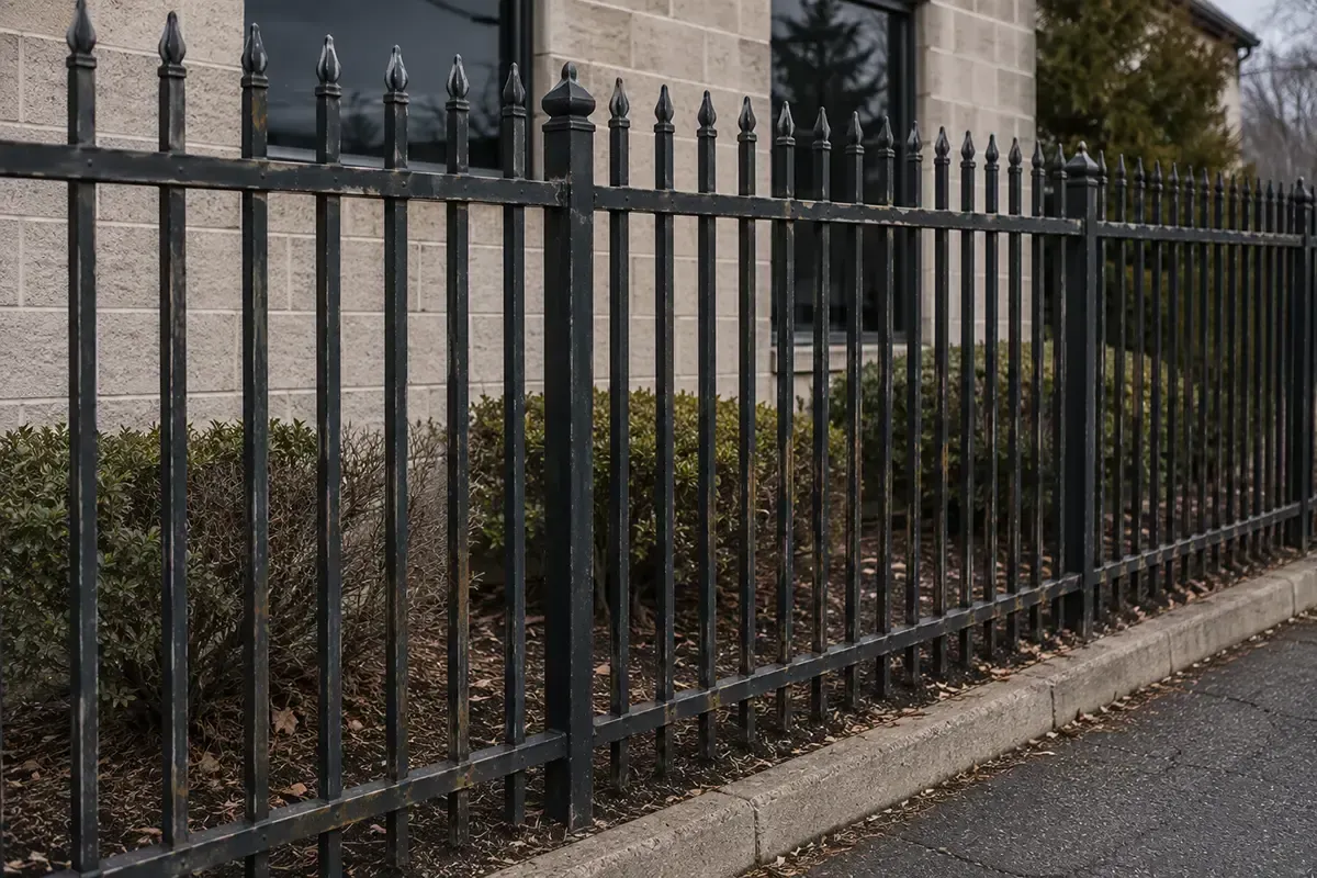 Black metal fence along a sidewalk in front of a building and shrubs.