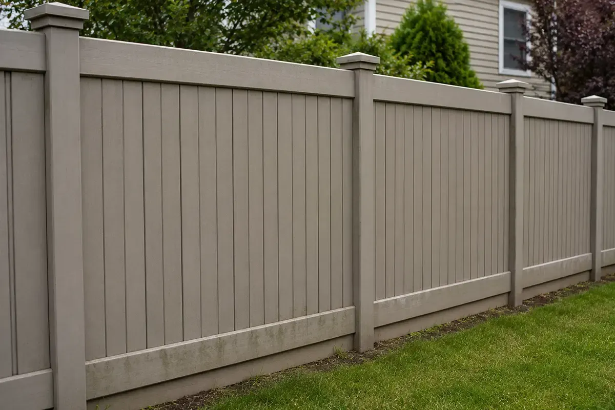 Beige wooden privacy fence along a grassy yard with houses in the background