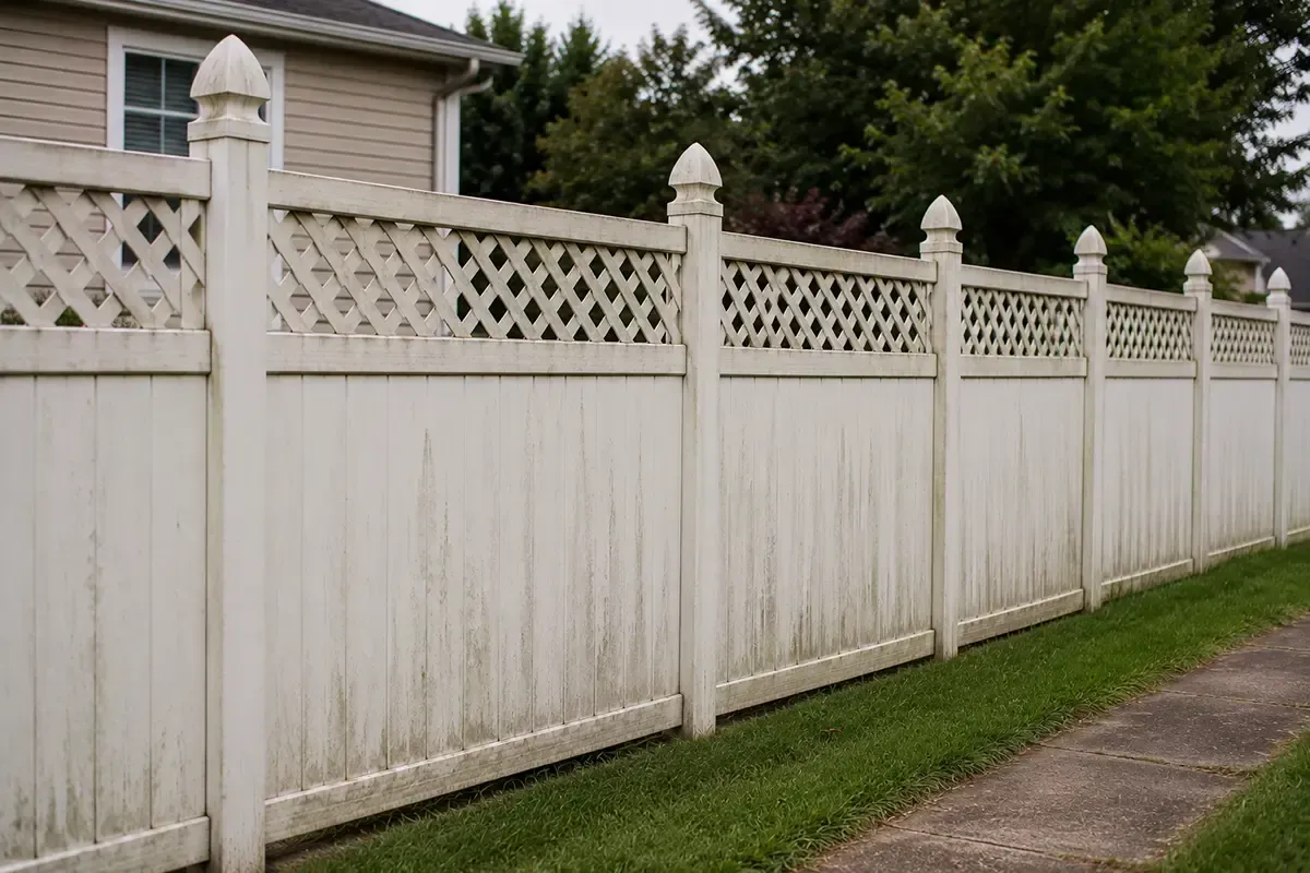 White wooden privacy fence with lattice top along a grassy path beside houses and trees