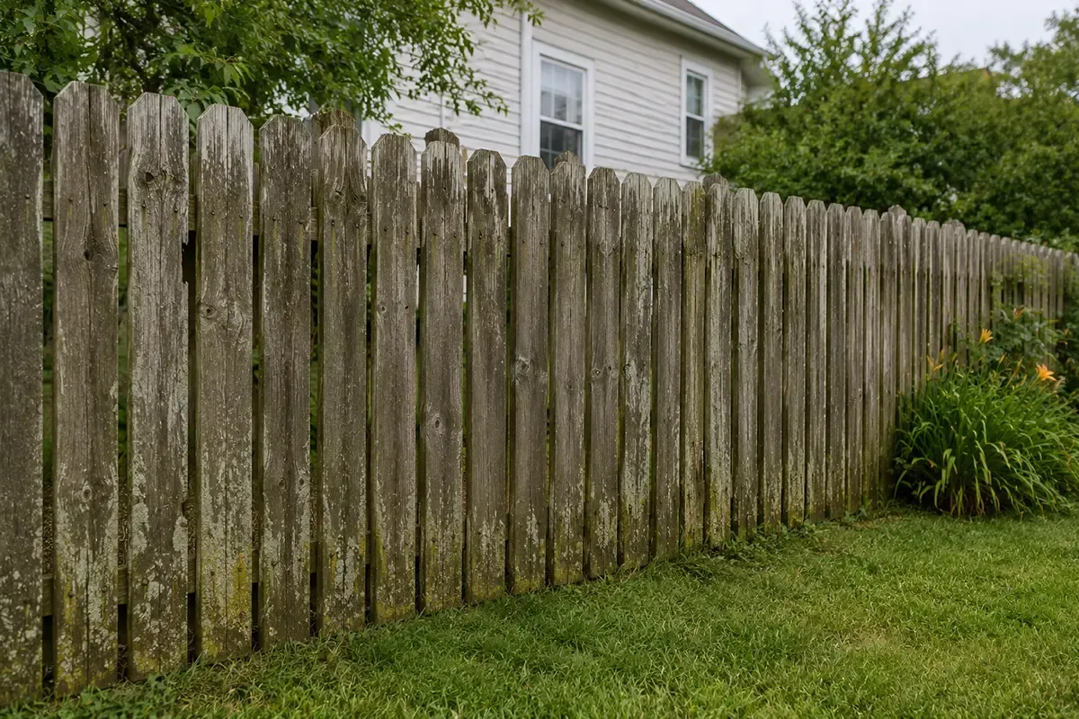 Weathered wooden privacy fence beside a green lawn and house, with shrubs and trees in the background