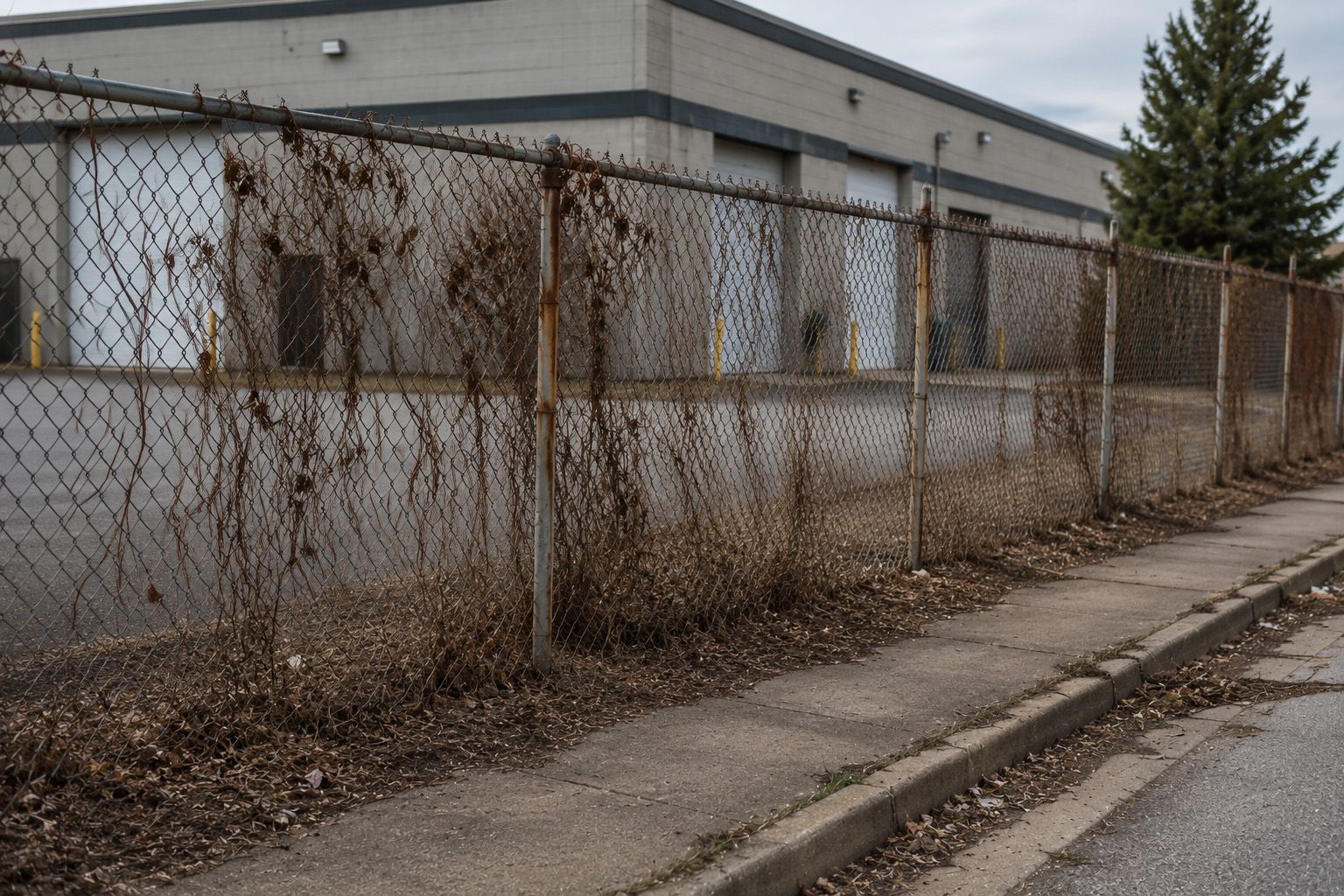 Chain-link fence beside an empty sidewalk and road, with an industrial building in the background.