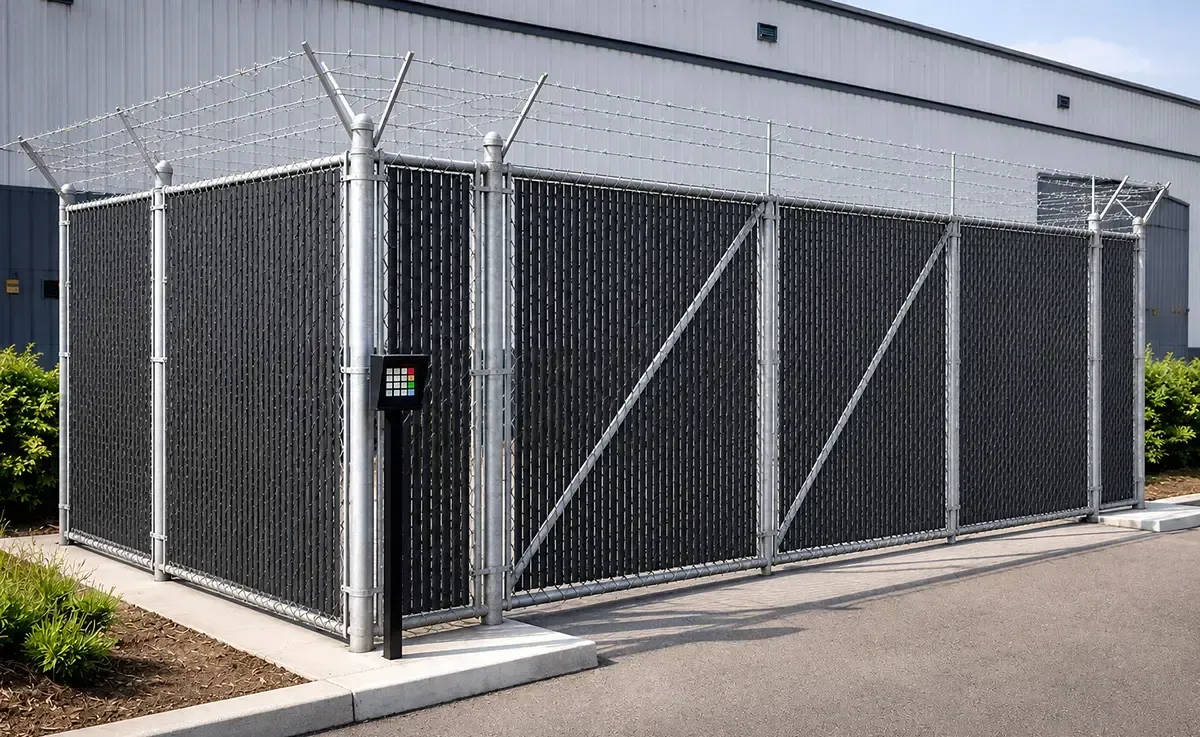 Chain-link fenced industrial building corner with a gate and security keypad