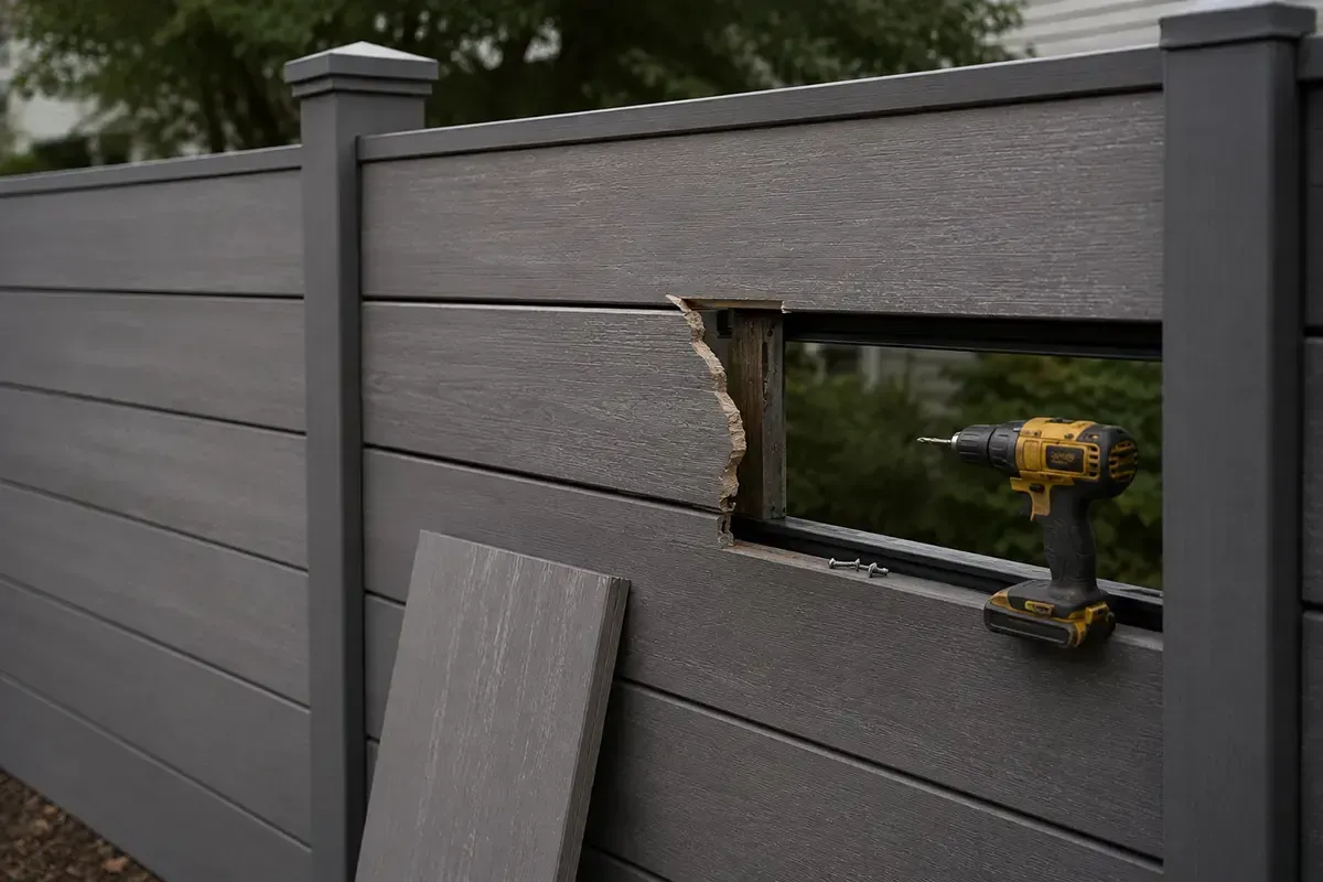 Gray fence with a cutout being drilled, showing a yellow power drill and leaning board
