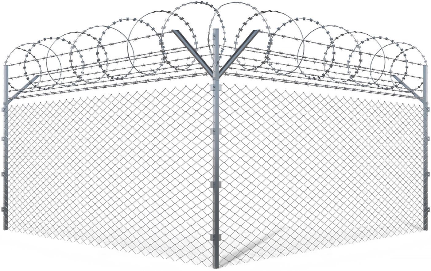 Corner section of chain-link security fence topped with barbed wire coils