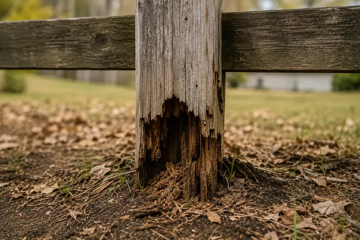 Rotten wooden fence post with damaged base in a leaf-covered yard